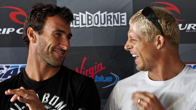 Good mates Joel Parkinson and Mick Fanning share a laugh ahead of the Rip Curl Pro Bells Beach event in 2010. Photo: WSL/Kirstin Scholtz