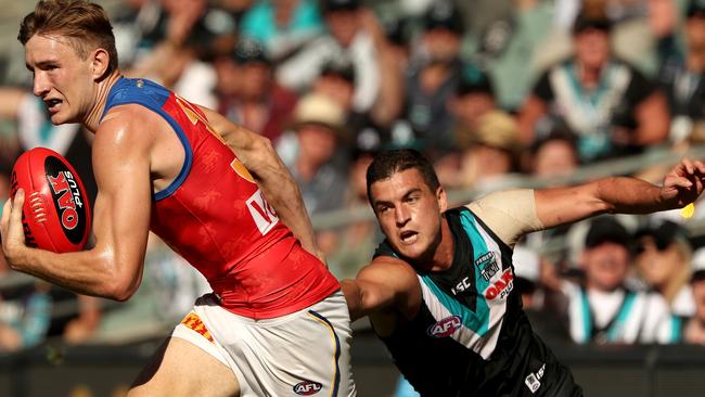 CATCHING UP. Port Adelaide midfielder and former Brisbane captain Tom Rockliff is on a slow build in his on-field action for the Power, but he already has proven off the field that he can make a difference to toughening up Michael Voss’ engine room at Alberton. Picture: James Elsby (Getty Images)