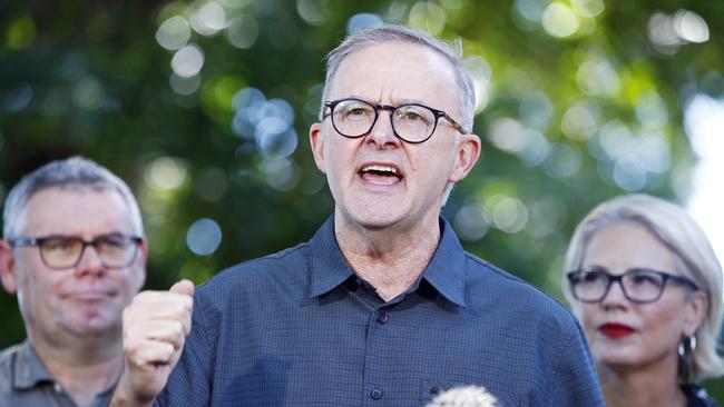 The Labor leader Anthony Albanese called for ‘order’ as the media peppered him with questions. Picture: Sam Ruttyn