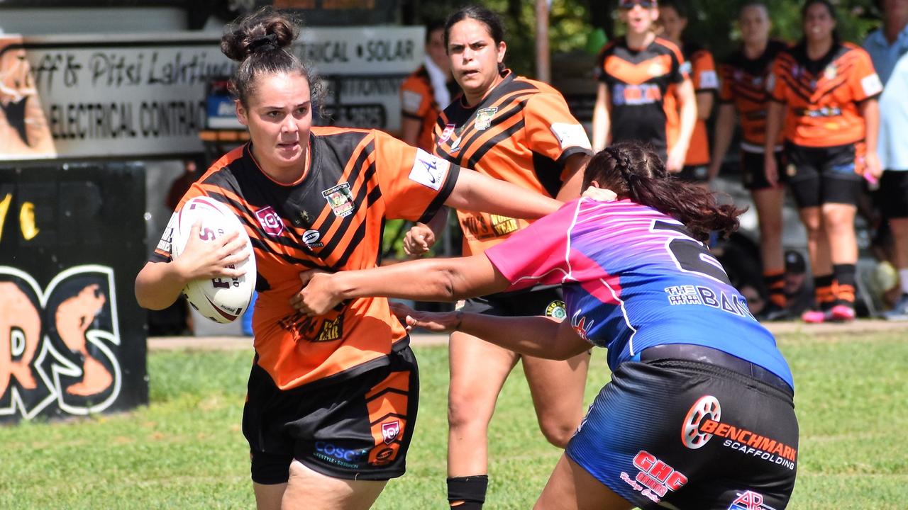 Emma Wood (formerly) of the Crushers charges for the line in the dying seconds of the game in 2022. Herbert River Crushers A-Grade women versus Western Lions Rugby League Football Club from Townsville at the Artie Gofton Oval in Ingham on Sunday. Picture: Cameron Bates