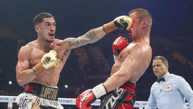 Jai Opetaia (left) lands a punch on Mairis Briedis during the IBF cruiserweight title fight. (Photo by Peter Wallis/Getty Images)