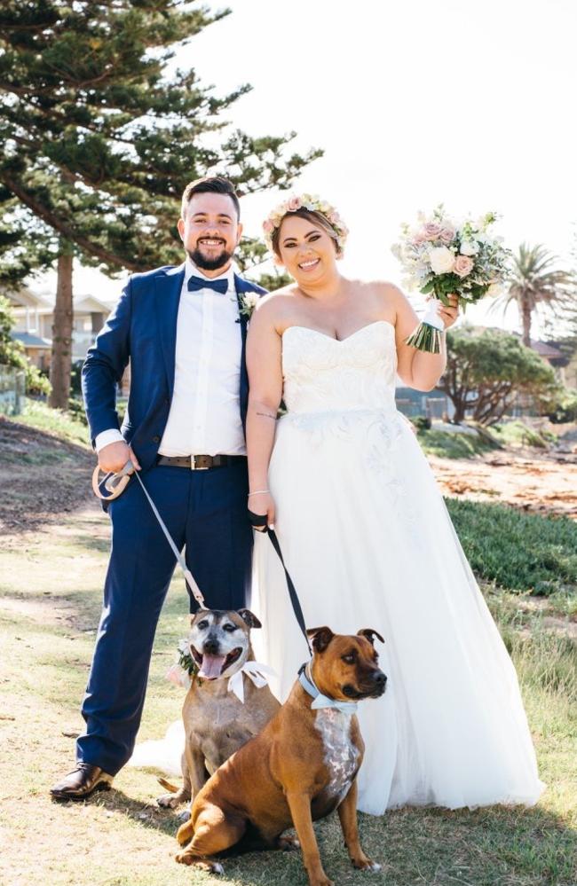 Catelyn and Gary Bergin met via Tank the puppy, so it was only fitting he was at the wedding. Picture: Peter Hawke