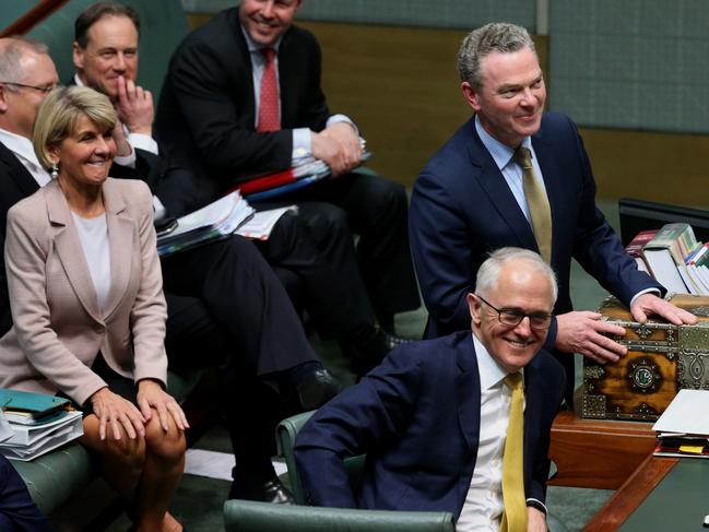 Julie Bishop, Christopher Pyne and Malcolm Turnbull at the end of Question Time last August. Picture: Ray Strange.