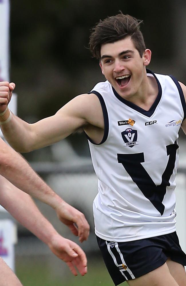 A young Shaun Mannagh celebrates a goal for Vic Country. Picture: Yuri Kouzmin