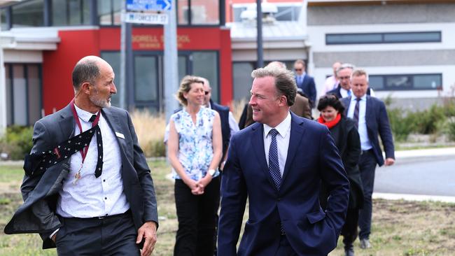 Sorell High School principal Andy Bennett, left, and Premier Will Hodgman after a funding announcement at the school. Picture: CHRIS KIDD