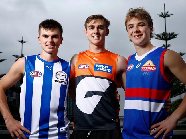 MELBOURNE, AUSTRALIA - NOVEMBER 21: (L-R) Colby McKercher of the Kangaroos, James Leake of the Giants and Ryley Sanders of the Giants pose during the AFL Draft Media Opportunity at Marvel Stadium on November 21, 2023 in Melbourne, Australia. (Photo by Michael Willson/AFL Photos via Getty Images)