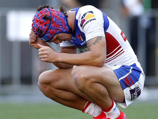 Newcastle's Kalyn Ponga dejected after a try during the NRL Elimination Final match between the South Sydney Rabbitohs and Newcastle Knights at ANZ Stadium. Picture. Phil Hillyard