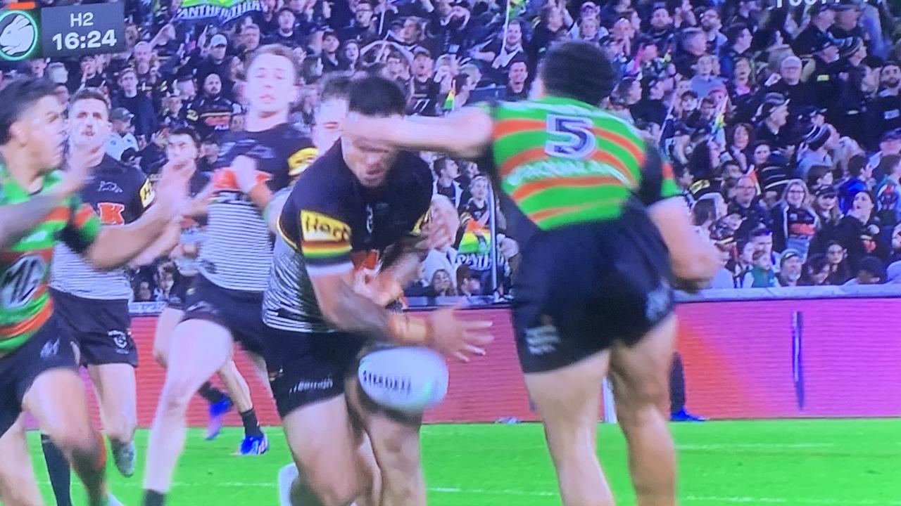 South Sydney’s Taane Milne whacked Penrith’s Spencer Lenui in the head in the Preliminary Final at Accor Stadium in 2022.