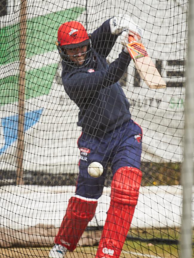 Chadd Sayers in the nets ahead of the JLT one-day Cup opener on Thursday. Picture: Matt Loxton