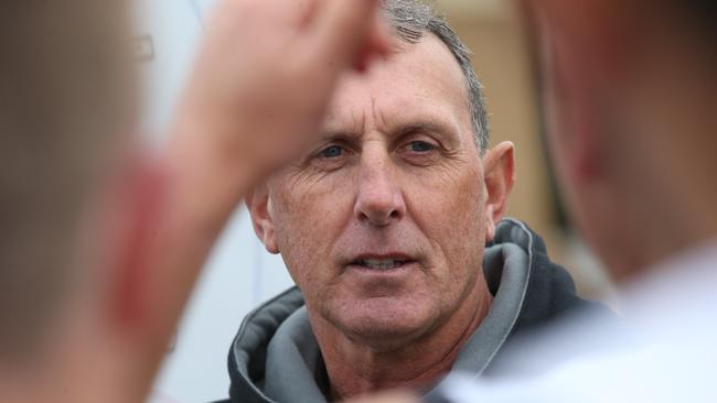 North Geelong coach Peter Riccardi addresses his players during Saturday’s win over Anakie. Picture: Alan Barber