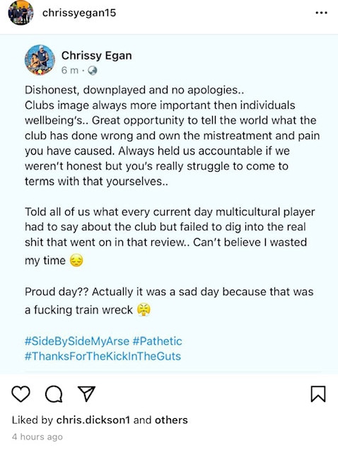 Egan hit out at the Magpies on social media.