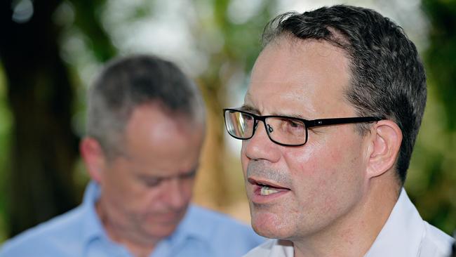 Opposition Leader Bill Shorten, and Luke Gosling, speak to the media at a press conference on The Esplanade.