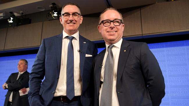 Paul Scurrah and Alan Joyce at the National Press Club in Canberra on Wednesday. Picture: Getty Images