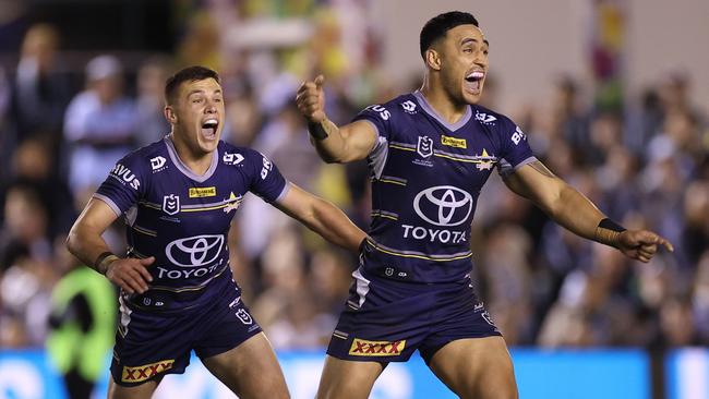 Valentine Holmes celebrates his matchwinning kick against the Sharks. Picture: Mark Kolbe/Getty Images