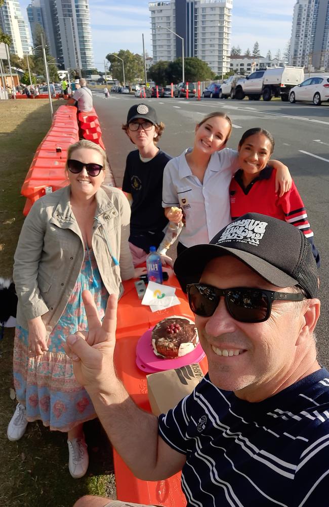 Stranded Palm Beach-Currumbin High School teacher Richard Babovic celebrates his 52nd birthday across border barricades with wife Mel, son Jet, 16, daughter Mia, 18 (rear left) and her friend Lola Sope. Mia and Lola are living in a rented unit at Coolangatta so they can finish Year 12.