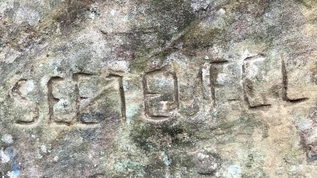 The name of Count von Luckner's luxury yacht Seeteufel engraved in a rock at Deep Creek