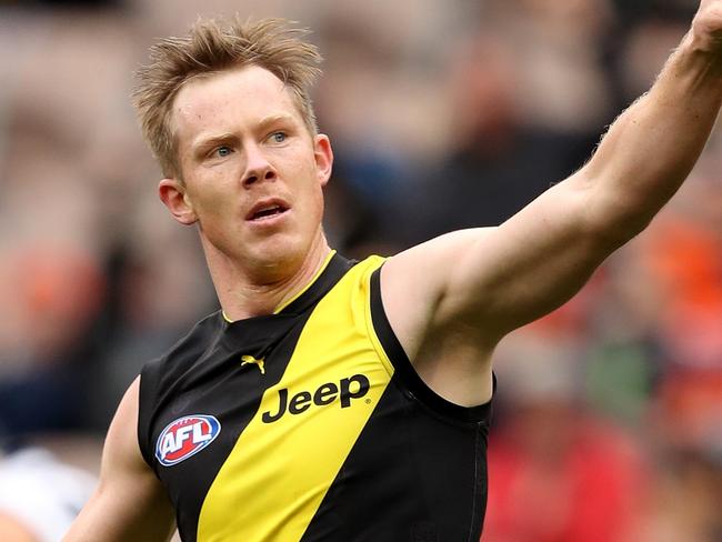 Jack Riewoldt of the Tigers celebrates a goal during the Round 17 AFL match between the Richmond Tigers and the GWS Giants at the MCG in Melbourne, Sunday, July 14, 2019.  (AAP Image/Mark Dadswell) NO ARCHIVING, EDITORIAL USE ONLY