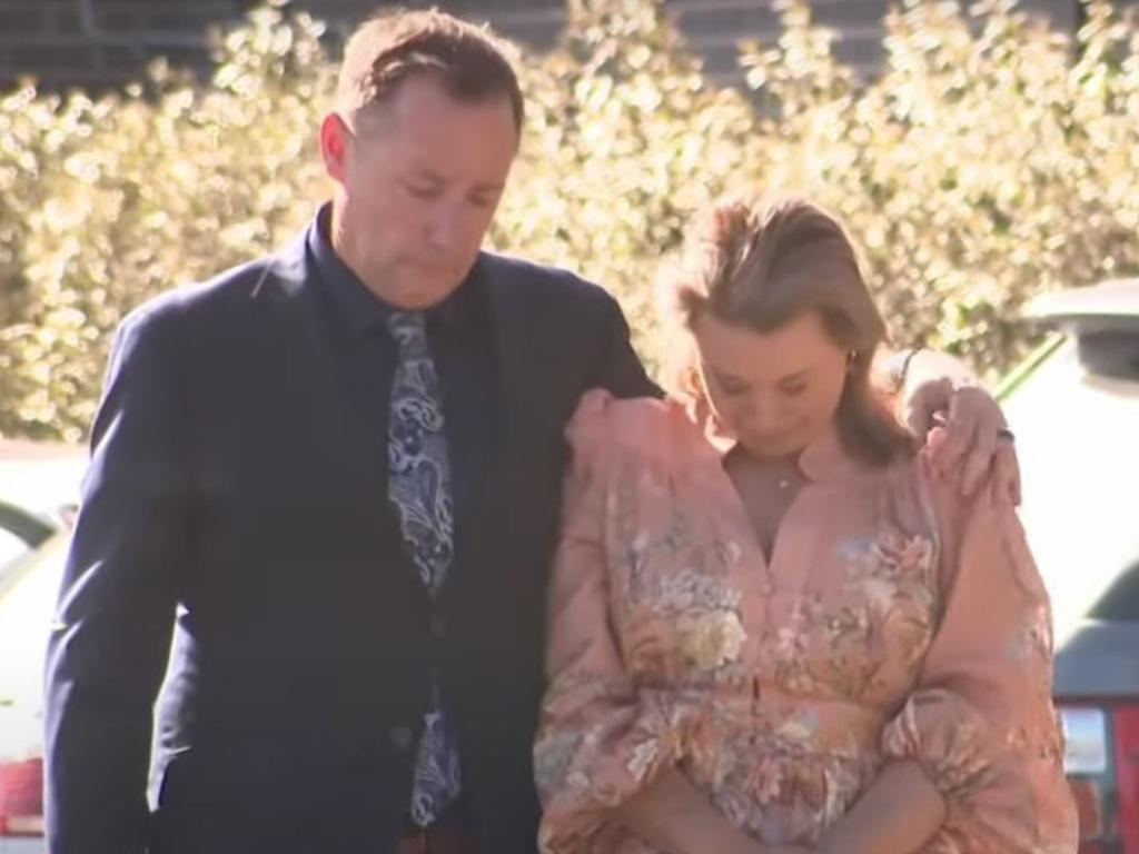 Shaun Bowles and Samantha Morton’s parents at her funeral. Picture: 7News