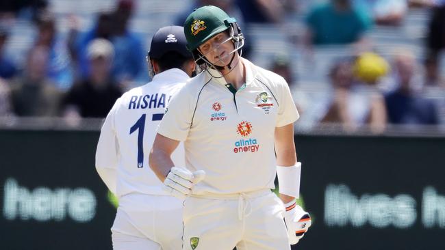 Steve Smith reacts after being dismissed for 0. Picture: Michael Klein