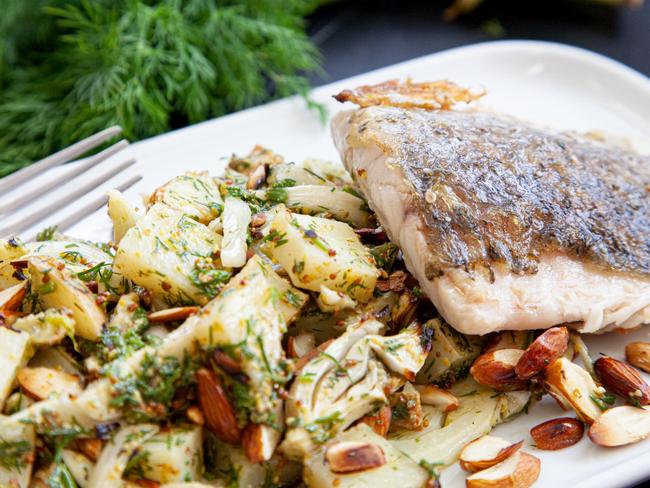 Barramundi Warm roast vegie almond salad recipe by Jean Hailes