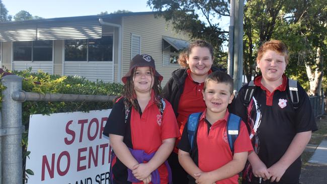 Sonja Gourley, Ivy Robertson and brothers Davis and Keannan Mahoney were looking forward to all of their friends returning to school yesterday. Picture: Frances Klein