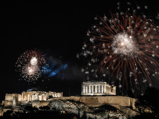 Fireworks explode over the ancient Acropolis in Athens. Picture: AFP