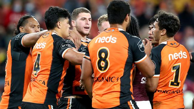 Adam Doueihi and Marty Taupau went head to head in a heated clash after the Tiger scored a try. Picture: Getty Images.