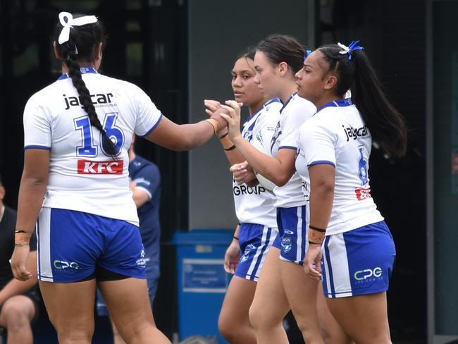 Josinah Filisi Tauiliili (left) and Oliva Vaalele (second from right) were on fire for Canterbury against Manly. Picture: Sean Teuma