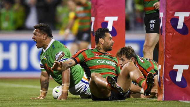 Josh Papalii celebrates scoring the matchwinner. Picture: AAP Image/Lukas Coch