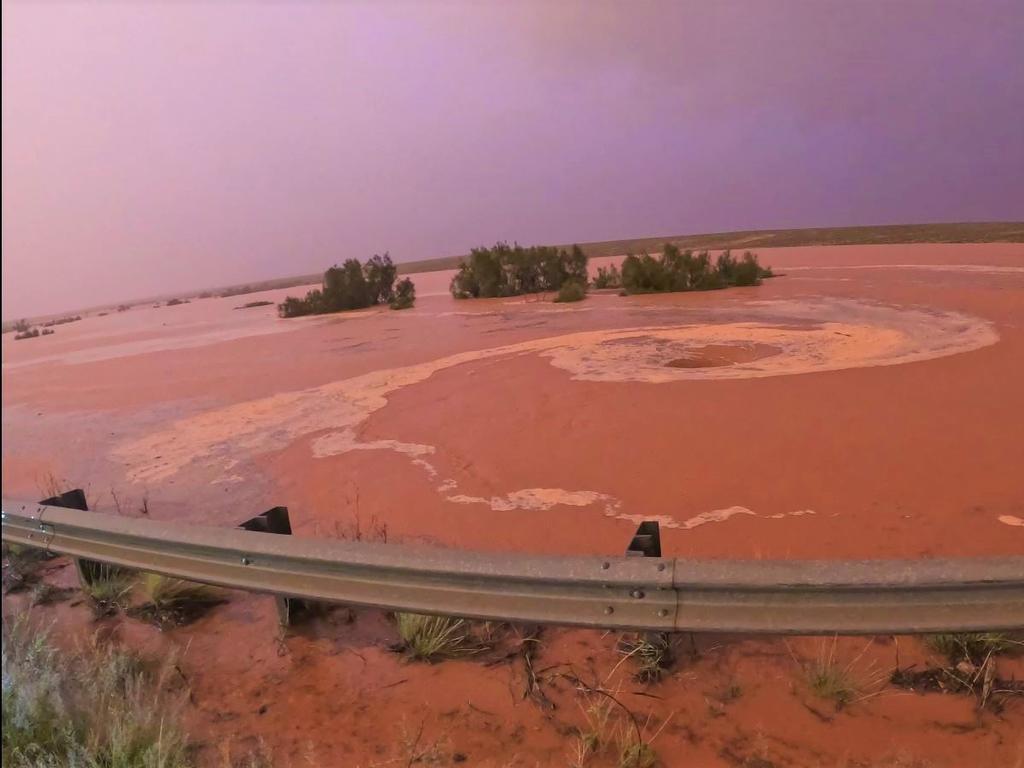 Heavy rains have flooded road and rail routes in South Australia’s north, cutting off remote towns and stopping supply deliveries to the Northern Territory and Western Australia. Picture: Supplied