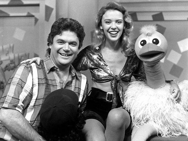 Minogue joins Daryl Somers, Ossie Ostrich and the Hey Hey team as a special guest on Channel 9's Hey Hey It's Saturday in February 1995. Picture: Supplied/Channel 9
