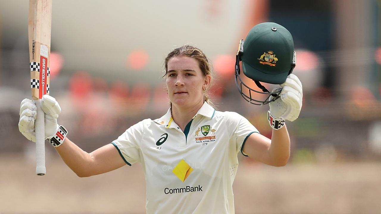 Annabel Sutherland of Australia celebrates her double-century (Photo by Paul Kane/Getty Images)