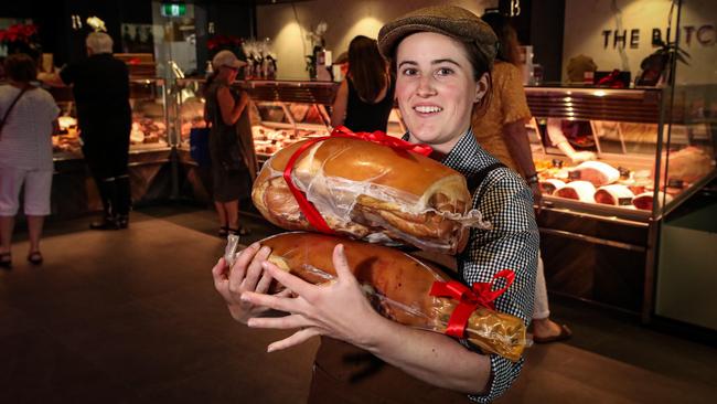 Charlotte Viney with premium Aussie ham for the butchers at the Boatshed Market in Perth. Picture: Colin Murty