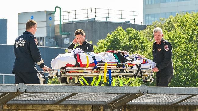 TV presenter Grant Denyer is airlifted to the Alfred Hospital after a car crash. Picture:Eugene Hyland