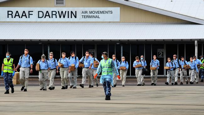 AUSMAT Bravo team leaving RAAF Darwin. Picture Katrina Bridgeford.