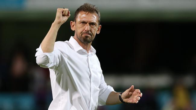 Perth Glory head coach Tony Popovic celebrates after his side’s win over Wellington last Saturday. Picture: Getty Images
