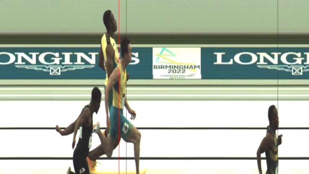 Finish line in the mens 100m heat