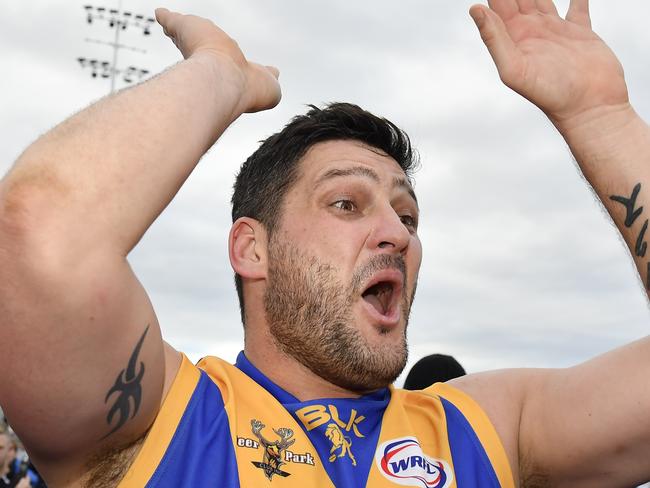 WRFL Division 1 grand final: Deer Park V Hoppers Crossing at Whitten Oval, Footscray. Deer Park's Brendan Fevola  celebrate winning the game. Picture: Andy Brownbill