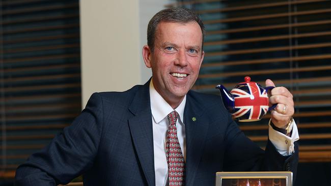 Trade Minister Dan Tehan with a teapot he was given by the UK Trade Minister Elizabeth Truss. Picture: Gary Ramage