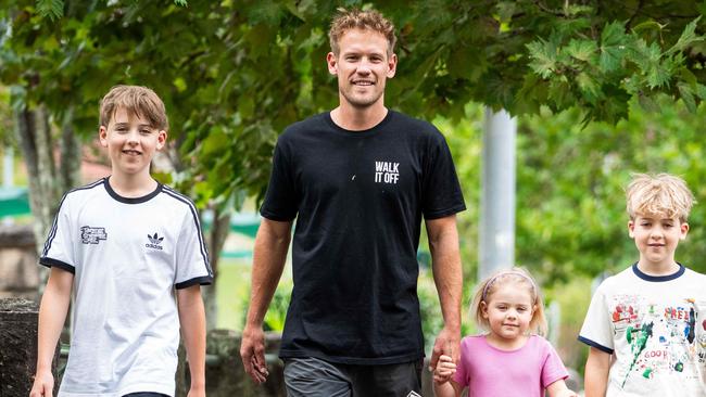 Walk It Off walking group founder Phil Dixon with his niece and nephews Jasper, Ayla and Emil Weidner.Photo: Tom Parrish