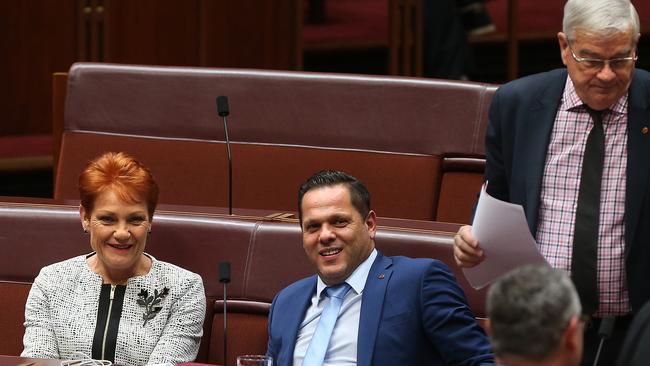 Pauline Hanson and Peter Georgiou in the Senate Chamber. Picture: Kym Smith.