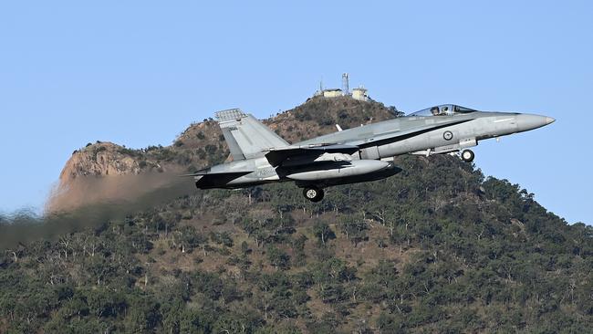 A Royal Australian Air Force FA-18 Hornet takes off from RAAF Base Townsville as part of Exercise 'Talisman Sabre 21' in 2021.