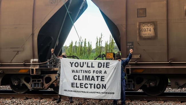 Thursday’s post of an activist who shut down the rail network to Newcastle coal port. Picture: Blockade Australia/Facebook