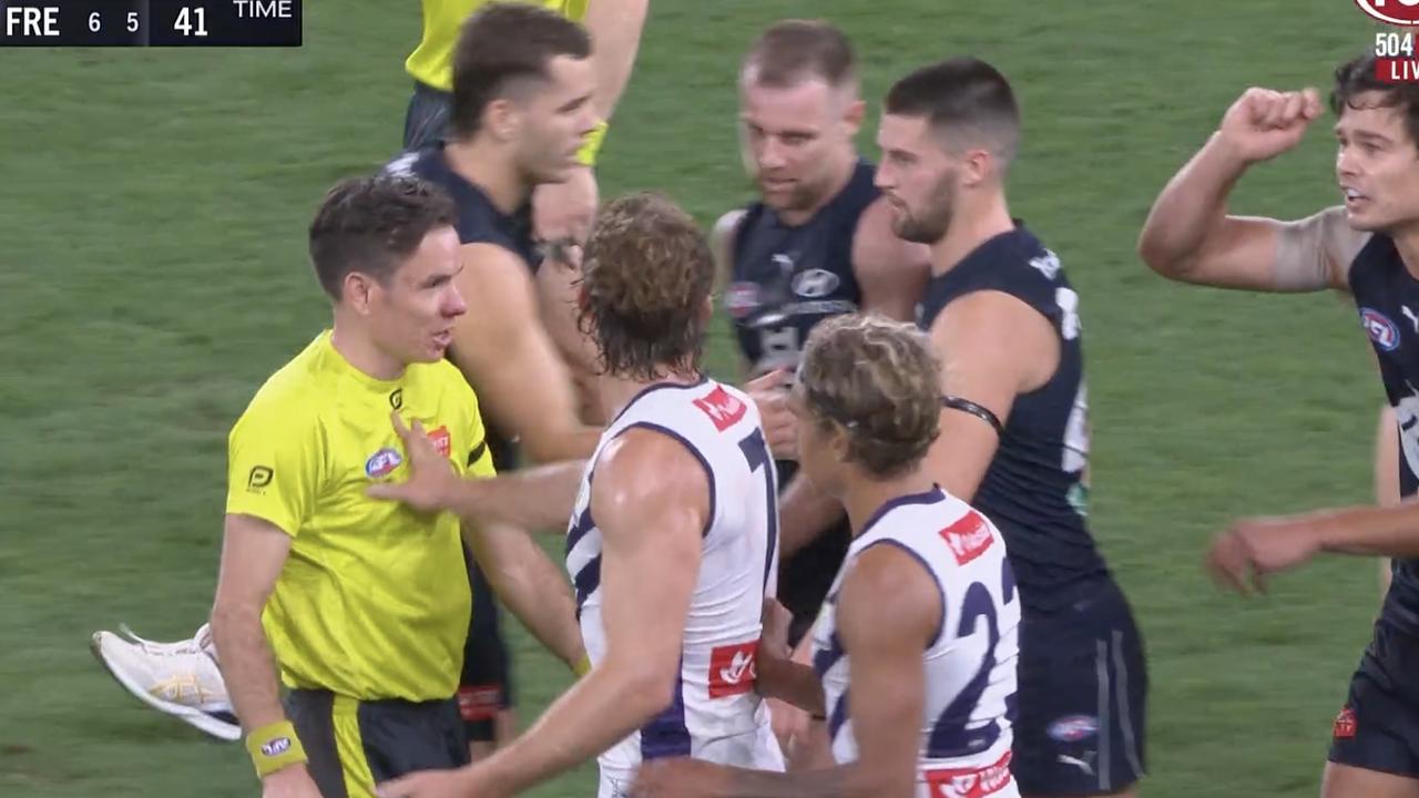 Nat Fyfe was involved in a scuffle at the end of the third quarter.