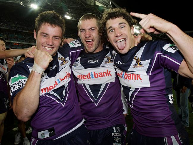 2007 NRL Grand Final. Melbourne Storm v Manly Sea Eagles. Telstra Stadium. Cooper Cronk, Dallas Johnson and Billy Slater celebrate