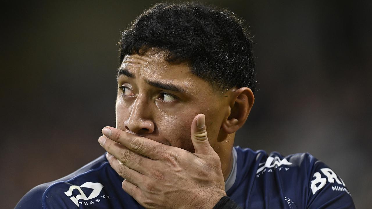 TOWNSVILLE, AUSTRALIA - JULY 15: Jason Taumalolo of the Cowboys looks on during the round 18 NRL match between the North Queensland Cowboys and the Cronulla Sharks at Qld Country Bank Stadium, on July 15, 2022, in Townsville, Australia. (Photo by Ian Hitchcock/Getty Images)