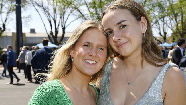 Caulfield Guineas horse race meeting, Caulfield, Victoria, Saturday 12th October 2024. Faces in the crowd. Pictured enjoying the race meeting are Ellie and Stella. Picture: Andrew Batsch