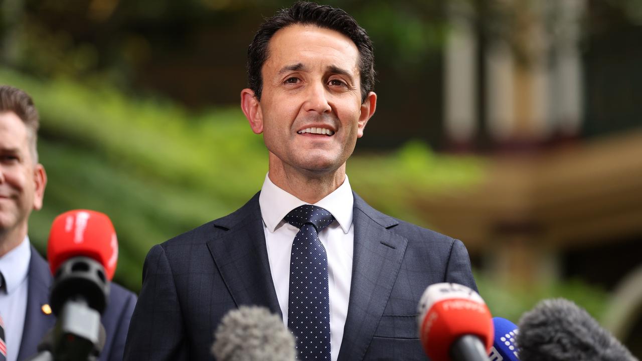 Premier-elect David Crisafulli speaks to media at Parliament House on Sunday morning, with deputy Jarrod Bleijie by his side. Picture Lachie Millard