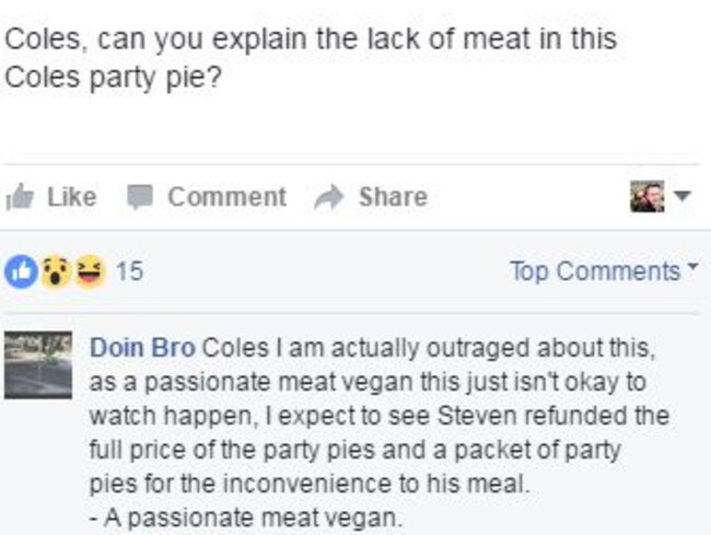 Mr Braszell received support from fellow meat pie lovers on Facebook. Picture: Facebook/Steve Braszell