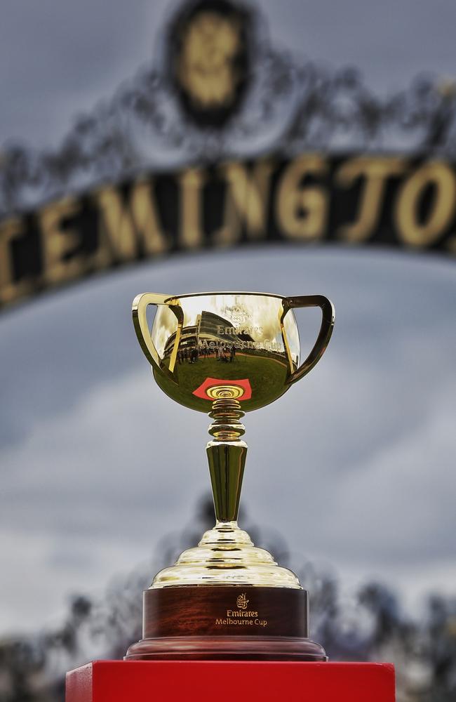 The Melbourne Cup in the mounting yard at Flemington Racecourse. Picture: Hamish Blair